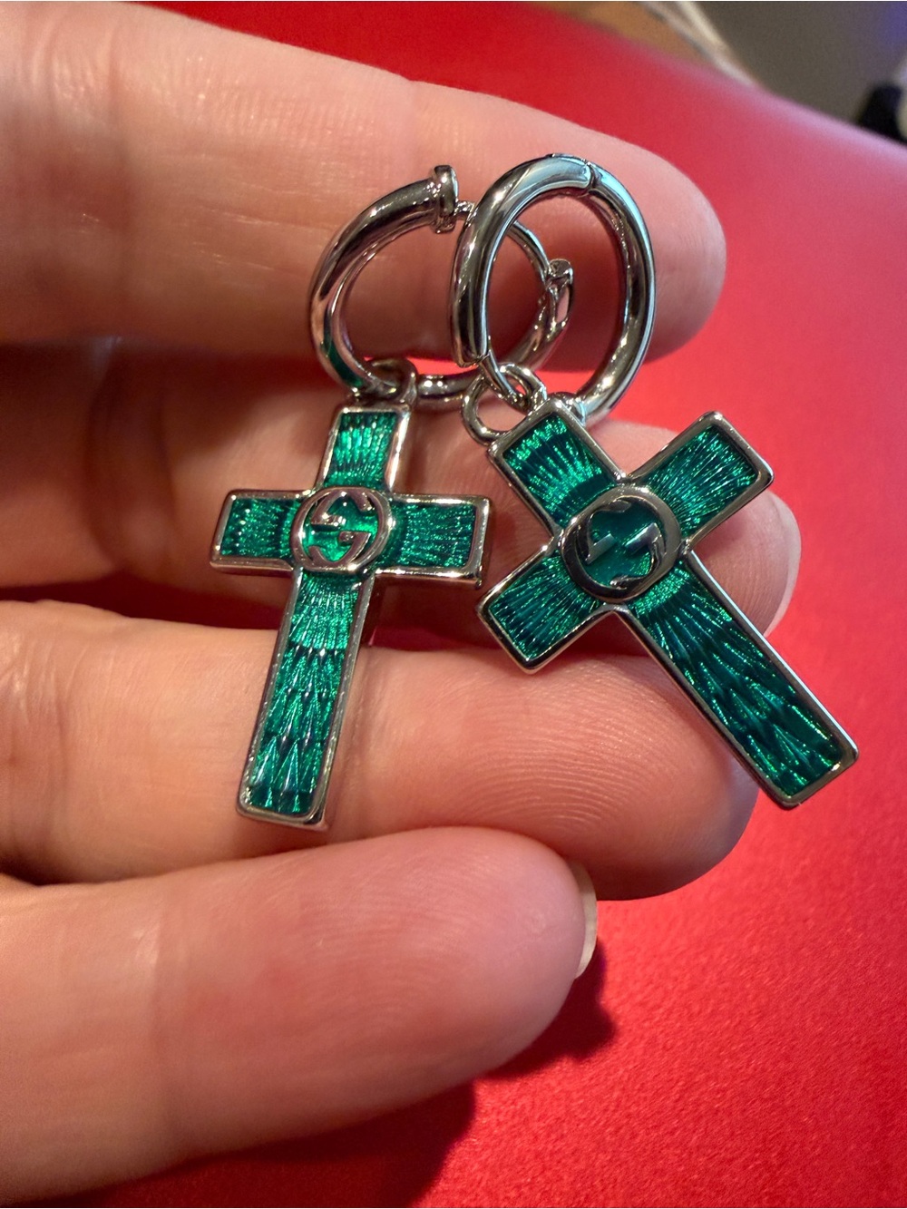 Green Enamel Cross Earrings